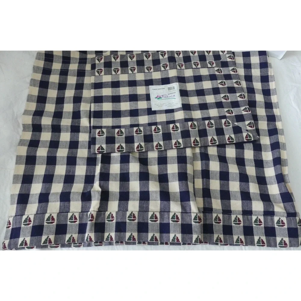 NEW Gingham Sailboat Cafe Curtains & Table Runner Nautical Lake Cottage Decor